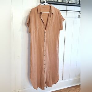 Gauze Dress Tan Lounge Neutral Short Sleeve Lagenlook Size S